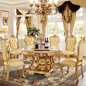 欧式大理石餐桌带转盘10人圆形别墅奢华家具实木家用圆桌椅子定制