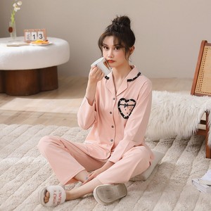 雅巧54086女士纯棉睡衣秋冬季长袖裤纯色套装 宽松大码睡觉家居服