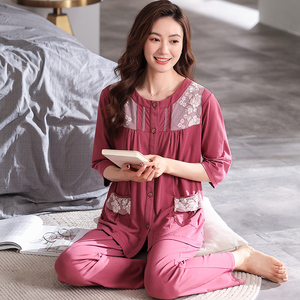 春夏妈妈睡衣女纯棉半袖长裤家居服春秋夏季薄款中年妇女大码套装