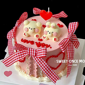 情人节蛋糕装饰复古love奶油小熊摆件爱心蜡烛红白格子蝴蝶结插件