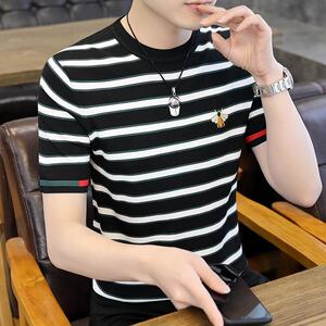 费雷迪吉奥瓦尼  短袖t恤男士夏季条纹个性修身圆领针织t恤百搭休