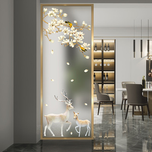 定制客厅玻璃屏风隔断墙家用简约遮挡轻奢发财鹿透光入户玄关双面