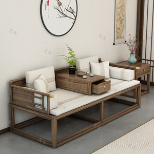 新中式罗汉床茶桌椅组合实木高端沙发贵妃榻老榆木推拉床塌小户型