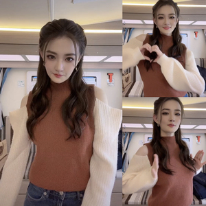 抖音明星徐璐同款毛衣女设计感小众露肩打底套头针织衫秋冬季上衣