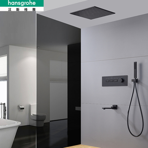 德国汉斯格雅暗装花洒嵌入墙式黑色隐藏天幕吊顶淋浴套装全铜飞雨