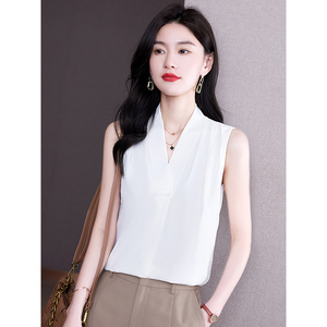 canary kiss无袖v领白色衬衫女夏款气质别致上衣设计感百搭小衬衣