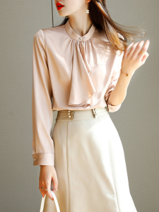 canary kiss粉色雪纺衬衫女2022年春款设计感小众复古蝴蝶结衬衣