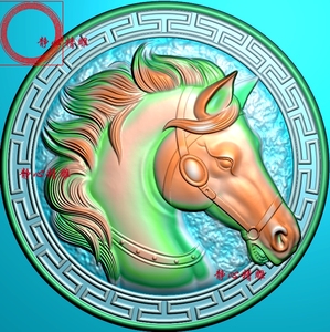 精雕图 灰度图 浮雕图 圆回纹马头 玉雕木雕 十二生肖马动物f731