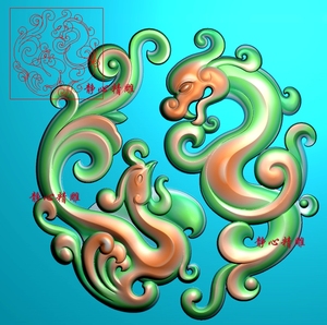 仿古圆形龙凤精雕图草龙草凤圆盘木玉雕浮雕图灰度图龙凤呈祥f661