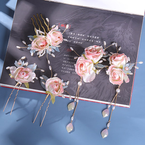 汉服头饰套装粉色月季仙气绢花古风发饰手工汉服森系发饰配饰发夹