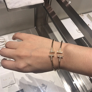 tiffany/蒂芙尼 双t开口手镯 18k玫瑰金t系列白贝母镶钻女士手环