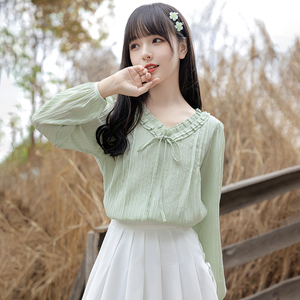 帛卡琪2024秋季新款木耳边泡泡袖长袖衬衫女学生宽松绿色雪纺衬衣
