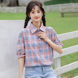 帛卡琪2021新款纯棉短袖拼色格子衬衫女宽松polo衫学生半袖衬衣夏