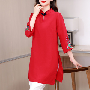 新中式国风七分袖红色上衣女春装新款高端刺绣唐装中长款改良旗袍