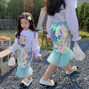女童裙子儿童半裙亮片人鱼闪闪公主裙宝宝半身裙鱼尾裙女宝包臀裙