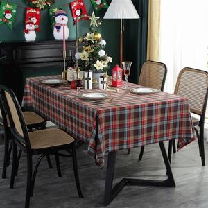 美式咖红色绿格子桌布色织格子圣诞节日餐桌布美式布艺长方形直供