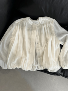 时尚气质白色长袖衬衫女夏季新款花苞袖防嗮衬衣洋气独特别致上衣