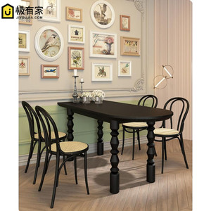 复古实木黑色餐桌法式复古半圆弧形家用饭桌小户型洽谈桌工作台桌