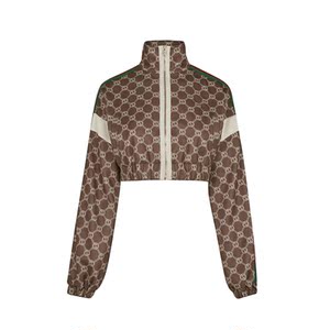 gucci古奇外套女士logo字母图案侧边红绿织带立领短款夹克正品12