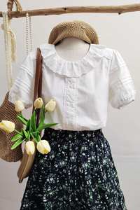 娃娃领镂空蕾丝花边白色衬衫女夏季短袖法式通勤纯色百搭宽松上衣