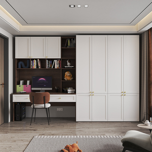 现代简约衣柜书柜一体组合两门三门卧室柜子连体电脑学习书桌柜子