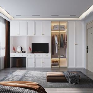 卧室衣柜电视柜一体组合墙背景墙客厅带书桌梳妆台墙柜实木定制