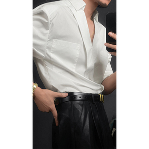 龙叨叨2024春夏新品v领设计感休闲衬衫男 气质纯色简约长袖衬衣