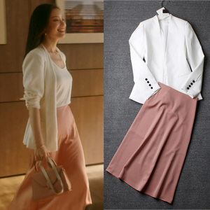 流金岁月倪妮朱锁锁同款衣服女秋冬季新款纯色外套粉色半身裙套装