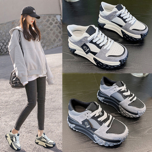 春季小码女鞋32 33 34码小脚女生厚底内增高老爹鞋ins潮鞋松糕底