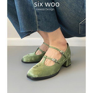 SIXWOO  新中式风玛丽珍鞋女绿色中跟国风小皮鞋配旗袍单鞋女鞋子