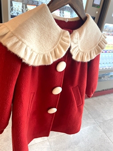 双面羊绒圣诞过年女童羊毛呢红色大衣可爱娃娃领撞色韩版保暖冬衣