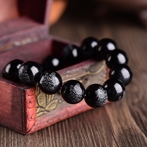 乌金黑曜石守护神手串