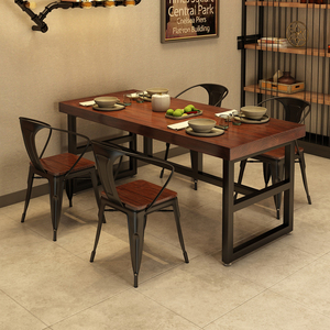 美式实木铁艺餐桌椅组合长方形饭店餐饮小吃店餐馆餐厅长条桌1039