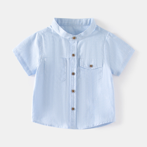 韩版立领儿童短袖衬衣纯棉薄款中小童条纹上衣夏季童装男童衬衫潮
