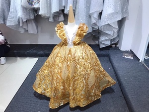 出租金色奢华齐地女童礼服公主蓬蓬裙模特走秀钢琴主持生日女童