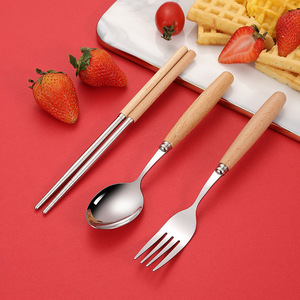 便捷纯汤勺式不锈钢三件套勺子筷子儿童学生木柄餐具礼品套装叉子