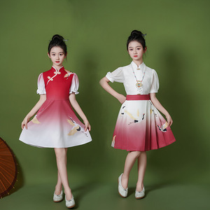 大合唱红歌演出服女童旗袍夏季改良红色小女孩儿童中国风连衣裙