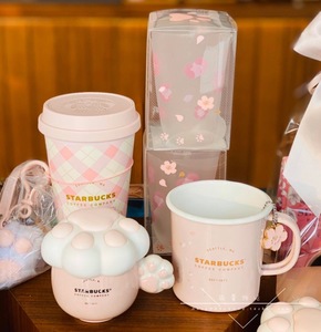 星巴克杯子2020樱花季限量可爱粉色猫爪格纹不锈钢杯玻璃杯马克杯
