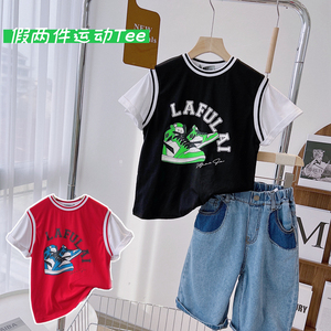 啦芙莱中大童2022夏季新款韩版男童假两件运动风短袖T恤纯棉9085