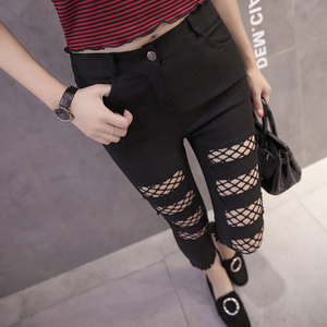 夏季新款黑色渔网破洞打底裤女外穿薄款微胖mm高腰显瘦七分小脚裤