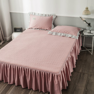 夹棉床裙罩单件100%全棉纯棉裙式床罩套加棉加厚纯色床单防滑床套