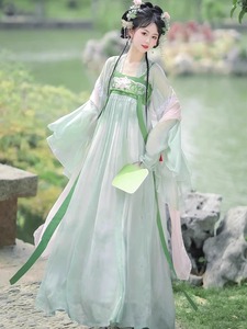 唐制汉服女中国风春夏款超仙汉元素青色上襦绿色齐胸襦裙古装全套