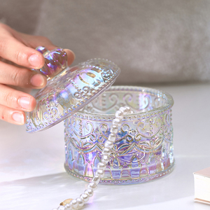 法式玻璃罐ins风彩色皇冠浮雕玻璃首饰盒复古糖果罐子摆件小精致