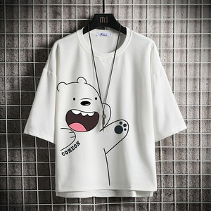 000人付款淘宝不规则短袖t恤女2022夏装韩版新款宽松显瘦开叉水墨胖熊