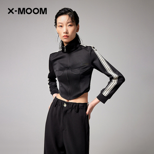 【商场同款】X--MOOM春秋新款美式短版两侧拼运动条立领小外套女