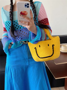 韩国东大门多巴胺色系甜美可爱笑脸手工钩针大号手提水桶包手提包