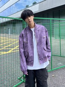 美式复古紫色PU皮衣夹克男高级感秋冬新款高街夹棉棒球服棉衣棉服