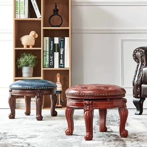 实木真皮美式凳子雕花茶几矮凳欧式小圆凳客厅沙发板凳家用皮凳