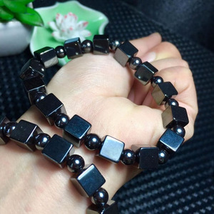 天然黑胆石方糖手链男女款赤铁矿石手串简约黑色学生闺蜜手饰品