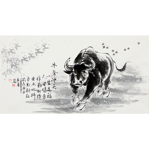 何奕勇 著名国画家臻藏级人物图纯手绘国画《牛气冲天》